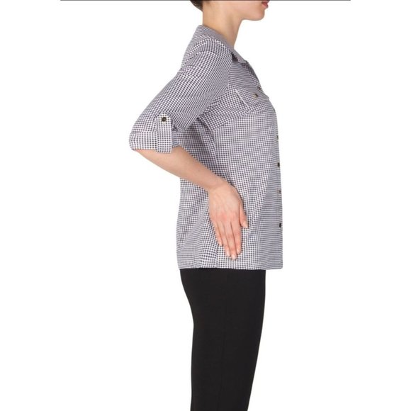 Joseph Ribkoff Black white check button front career blouse top size NEW - Picture 2 of 10